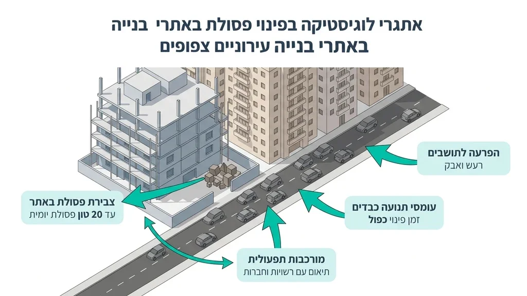 הדגמת אתגרים לוגיסטיים באתרי בנייה צפופים בעיר מנוף פועל באתר בנייה צפוף בסביבה עירונית