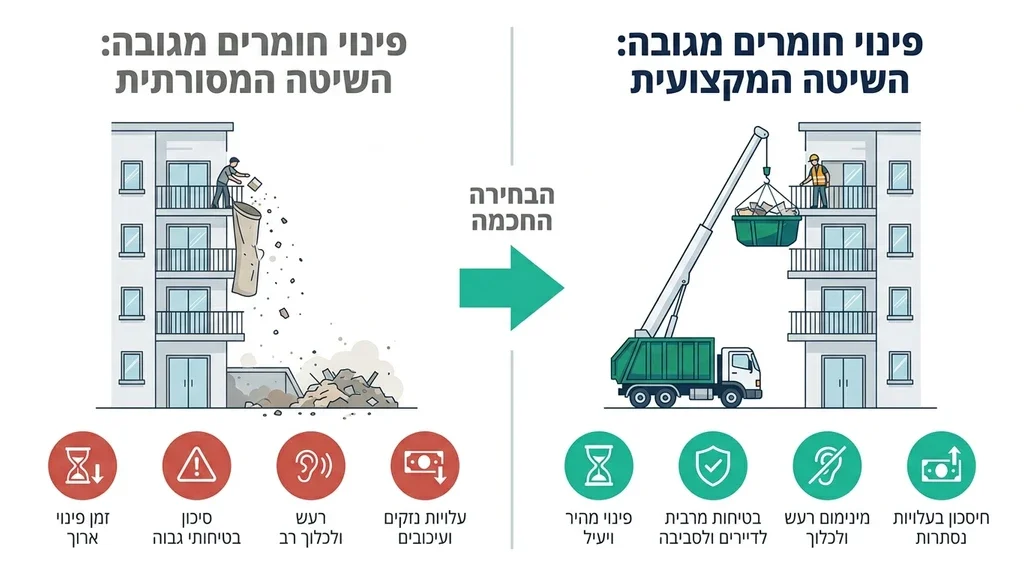 המחשת פינוי חומרים מקומות גבוהות בבניין משותף פינוי חומרי בניין מקומה גבוהה באמצעות מנוף